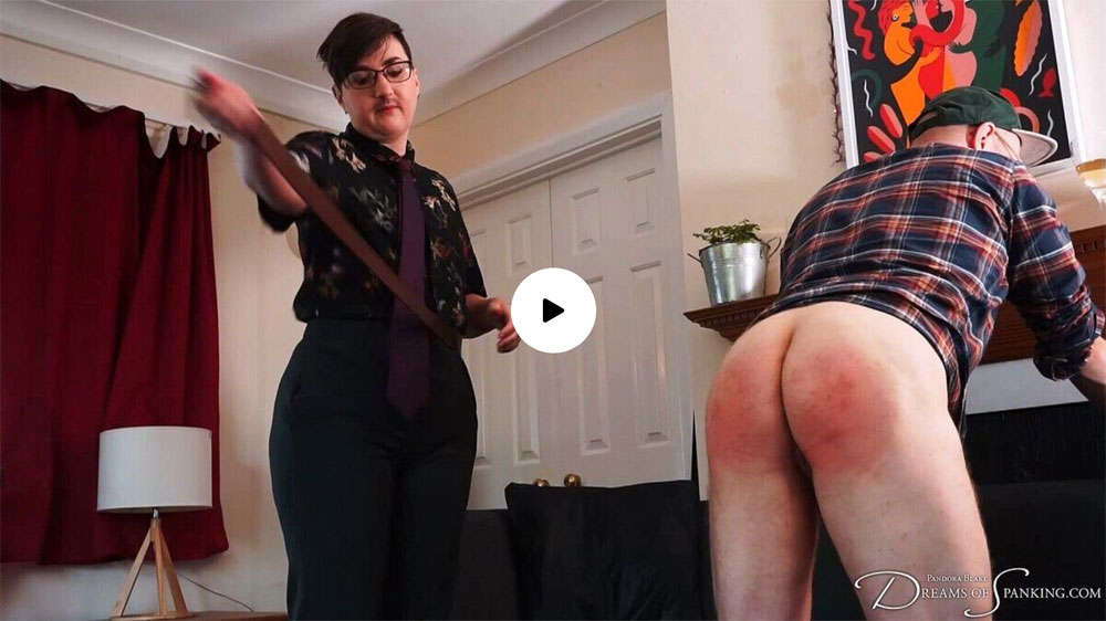 Pandora Blake takes her leather belt to a man's bare arse