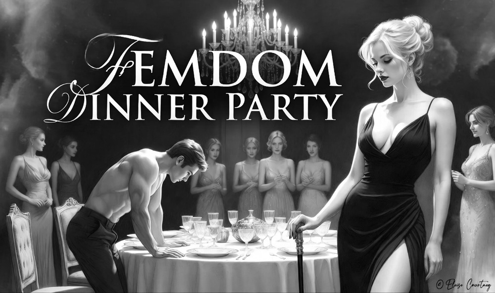 Femdom Dinner Party banner: A dominant blonde woman in a black evening gown holds a cane while a muscular submissive man is bent over a luxurious dining table. Elegant female guests watch the public punishment scene in a sophisticated chandelier-lit setting.