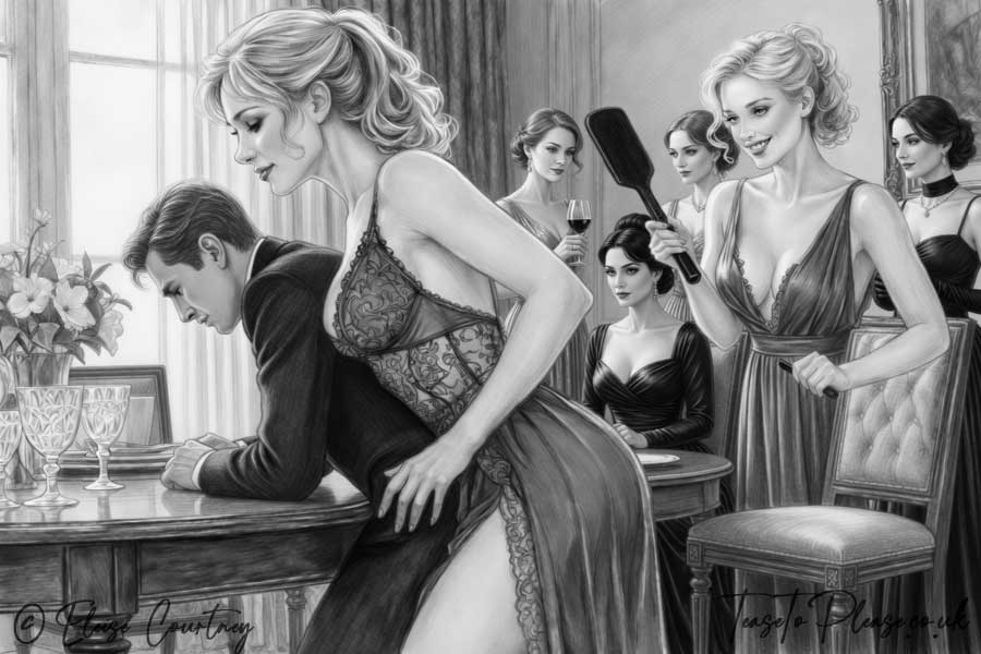 Elegant femdom dinner party scene: Edward bent over the dining table receiving discipline while a dominant blonde woman in green lingerie holds him in position. Another beautiful woman in a green dress smiles as she holds a wooden paddle, with other sophisticated female guests watching the public spanking.